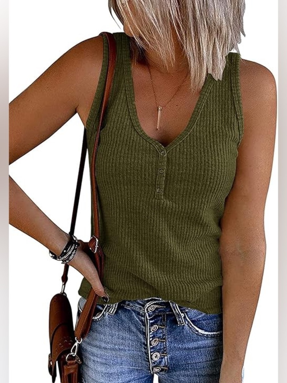 Sleeveless Ribbed V-Neck Henley Tank - Olive
